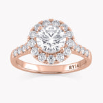 Halo-Verlobungsring Rosegold mit einem Solitär Labordiamanten im Brillantschliff und Seitendiamanten von RYIA Fine Jewelry