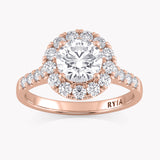 Halo-Verlobungsring Rosegold mit einem Solitär Labordiamanten im Brillantschliff und Seitendiamanten von RYIA Fine Jewelry