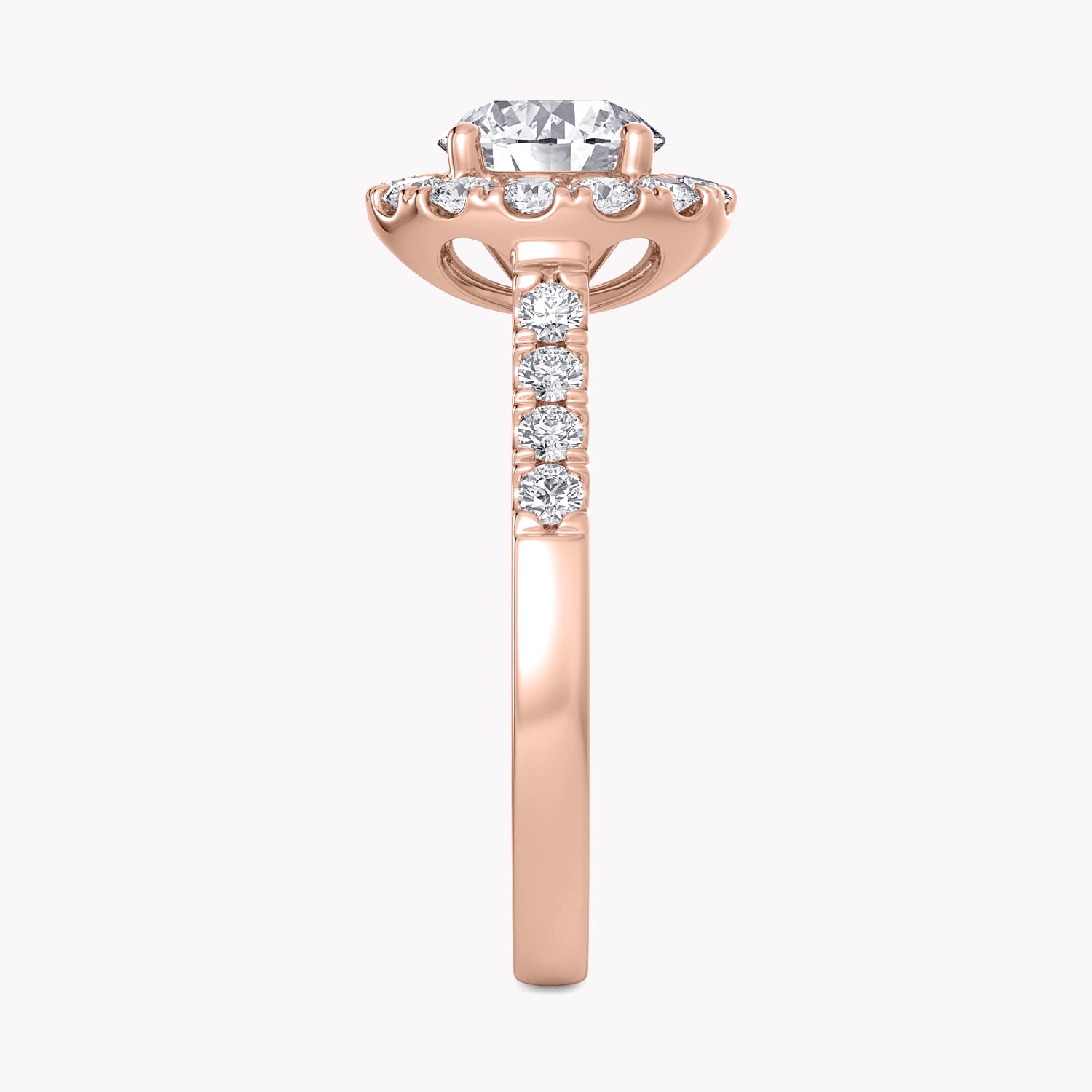 Halo-Verlobungsring Rosegold mit einem Solitär Labordiamanten im Brillantschliff und Seitendiamanten von RYIA Fine Jewelry