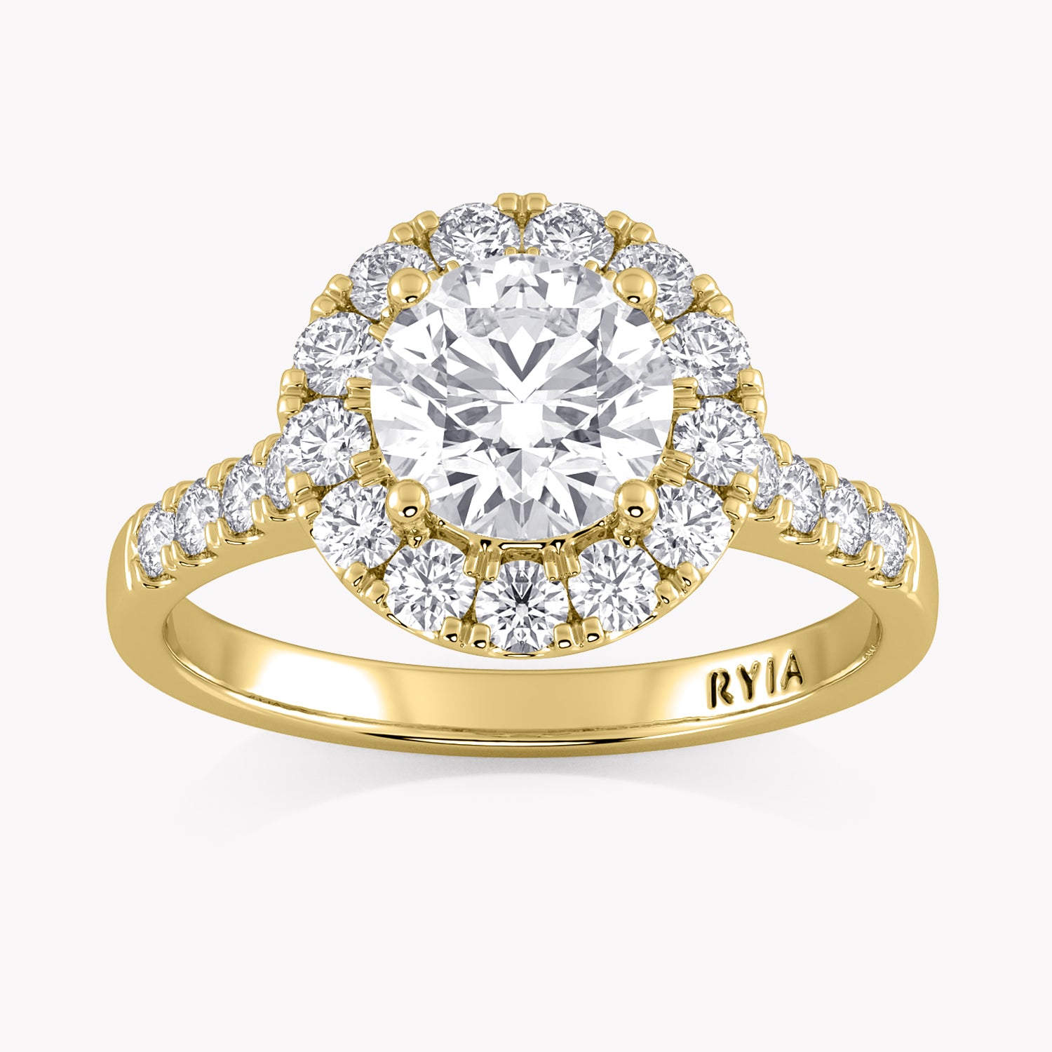 Halo-Verlobungsring Gelbgold mit einem Solitär Labordiamanten im Brillantschliff und Seitendiamanten von RYIA Fine Jewelry