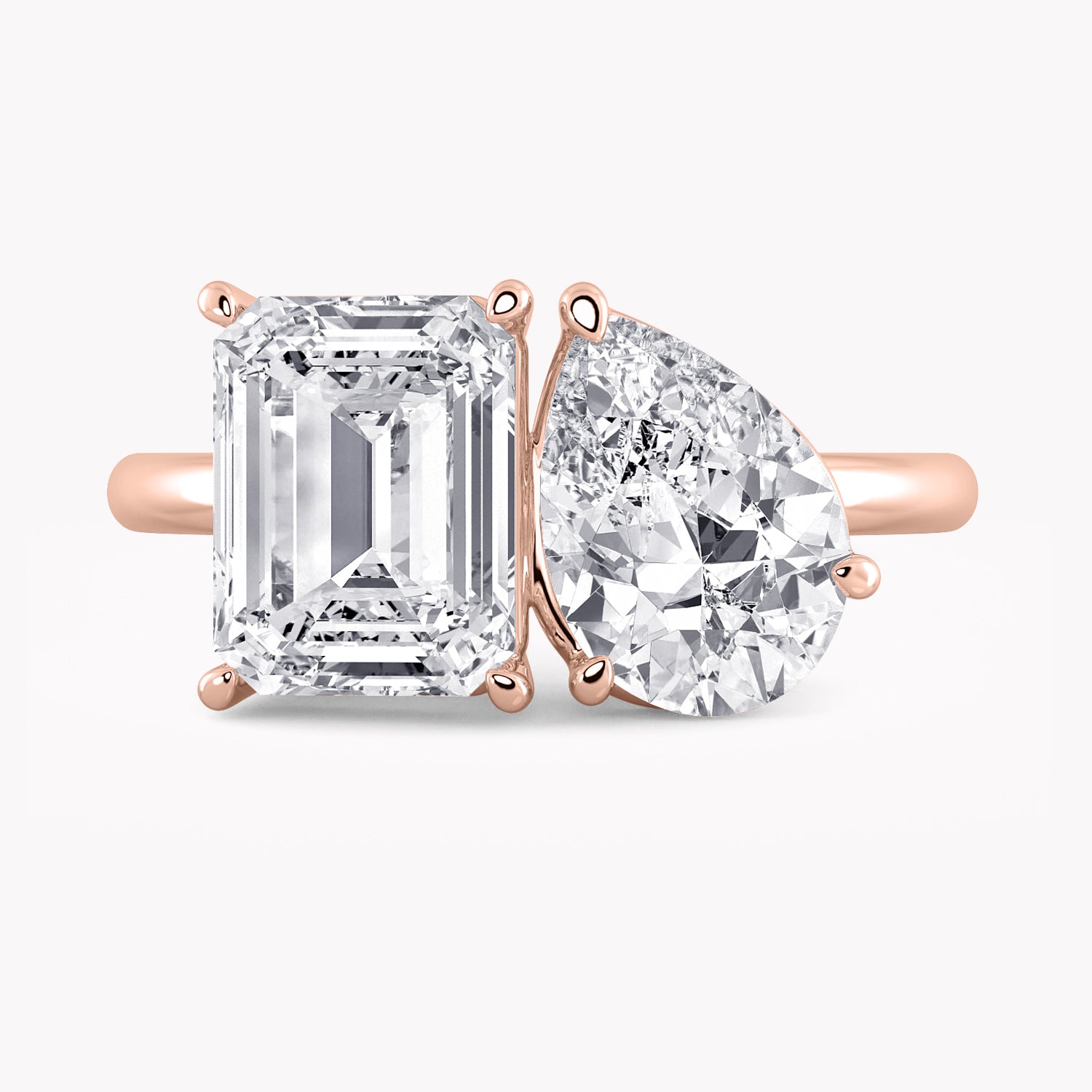 Toi et Moi Engagament Ring with two Lab Diamonds: 2.0 ct. Emerald Cut and 1.5 ct. Pear Cut in recycled Gold