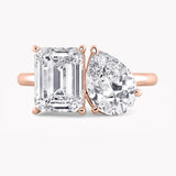 Toi et Moi Engagament Ring with two Lab Diamonds: 2.0 ct. Emerald Cut and 1.5 ct. Pear Cut in recycled Gold