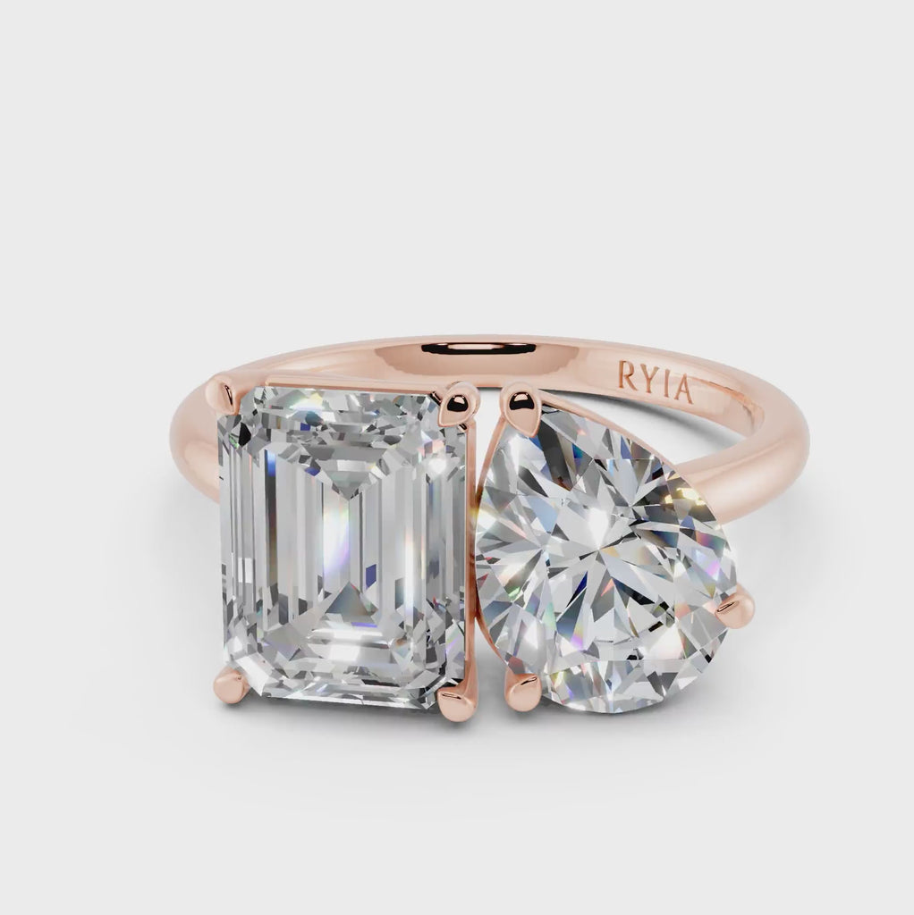 Toi et Moi Engagament Ring with two Lab Diamonds: 2.0 ct. Emerald Cut and 1.5 ct. Pear Cut in recycled Gold