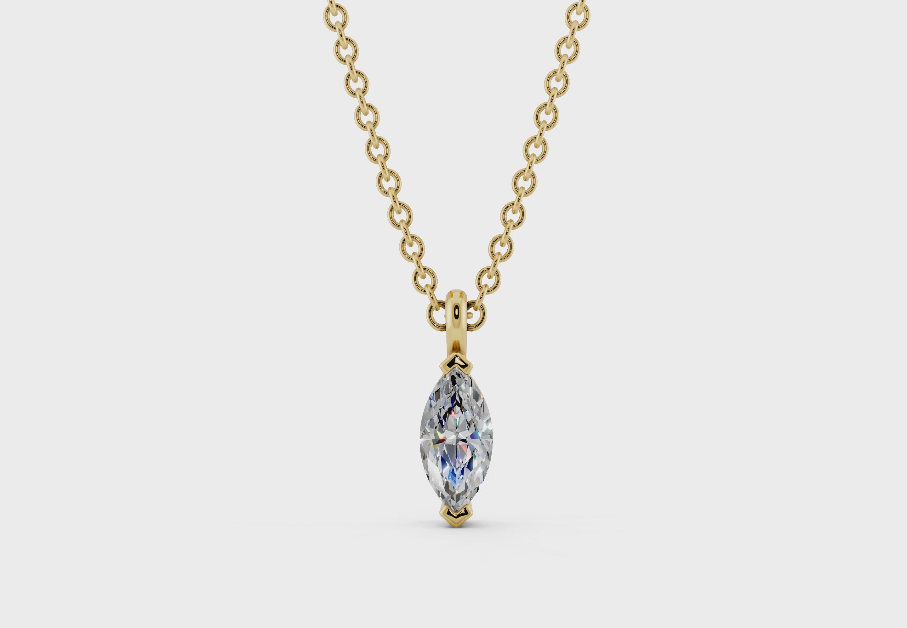 Leaf Gold Necklace with Lab-Grown Marquise Cut Diamond 